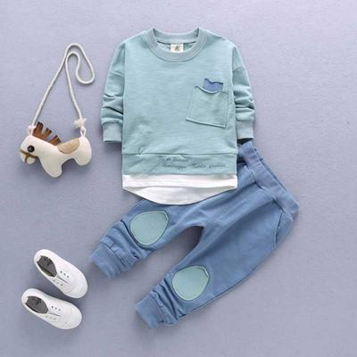 80-130cm Korean Autumn Boys Girls Casual Patchwork Pattern Cotton Long Sleeve O-Neck Shirt + Patch Pants Children Wear Two-Piece Set 