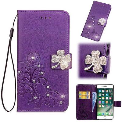 Diamond Studded Lucky Clover PU Leather + Soft TPU Card Slots with Wrist Strap and Stand Wallet Protective Case for Samsung Galaxy J4 2018 