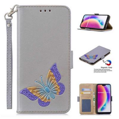 Wrist Strap Colored Painted Butterfly Pattern Wallet Card Holder Stand Support Picture Frame PU Leather + TPU Phone Case for Huawei P20 Lite / Nova 3e 