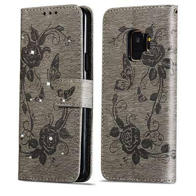 Diamond Studded Vine Butterfly Pattern Wrist Strap PU Leather + Soft TPU with Wallet Stand and Card Slots Protector Case for Samsung Galaxy S9