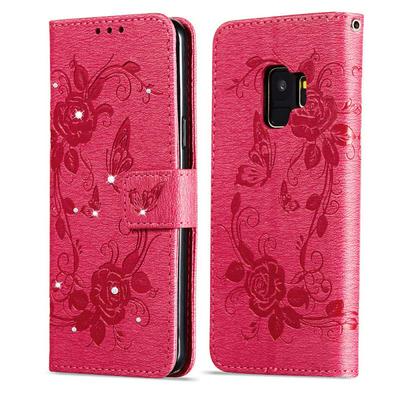 Diamond Studded Vine Butterfly Pattern Wrist Strap PU Leather + Soft TPU with Wallet Stand and Card Slots Protector Case for Samsung Galaxy S9