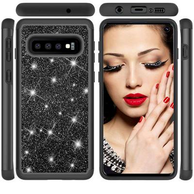 Diamond Studded Glitter Powder 2 in 1 Shockproof Detachable Hard PC + Soft TPU Back Cover Protective Case for Samsung Galaxy S10