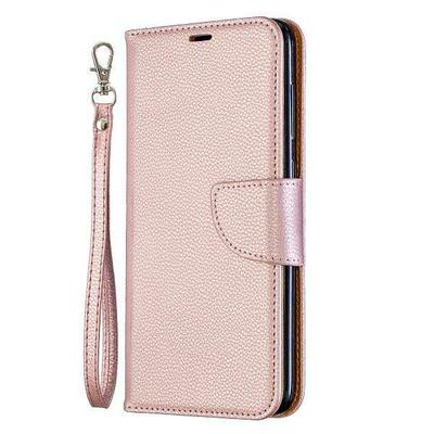Solid Color Litchi Pattern Wrist Strap Shockproof Side Flip PU Leather + Soft TPU Stand with Magnetic Buckle and Card Slots Wallet Case for Samsung Galaxy A70