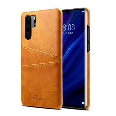 Suteni Calf Pattern with Two Card Slots Leather Coated Hard PC Back Cover Protective Phone Case for Huawei P30 Pro
