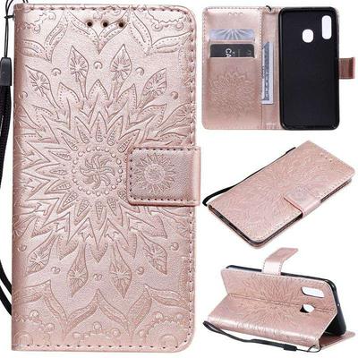 Wallet Case for Samsung Galaxy A20e, Motif-debossed Leather Phone Case with Wrist Strap