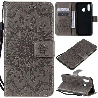 Wallet Case for Samsung Galaxy A20e, Motif-debossed Leather Phone Case with Wrist Strap