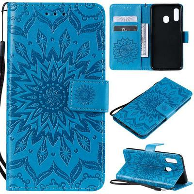 Wallet Case for Samsung Galaxy A20e, Motif-debossed Leather Phone Case with Wrist Strap