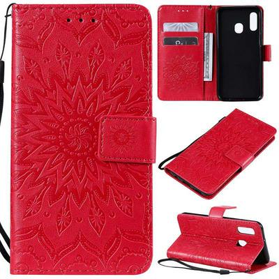 Wallet Case for Samsung Galaxy A20e, Motif-debossed Leather Phone Case with Wrist Strap