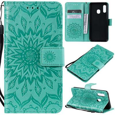 Wallet Case for Samsung Galaxy A20e, Motif-debossed Leather Phone Case with Wrist Strap