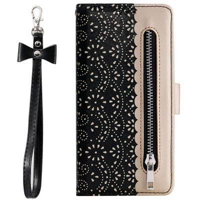 Zippered Wallet Case for iPhone 2019 6.1inch, Patterned Leather Phone Cover with Wrist Strap