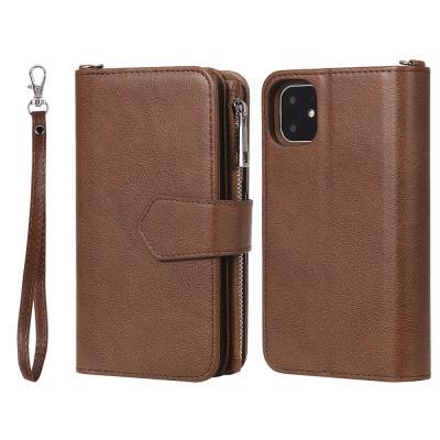 2 in 1 Zippered Leather Wallet Case for iPhone 11, Detachable Phone Cover with Hidden Stand