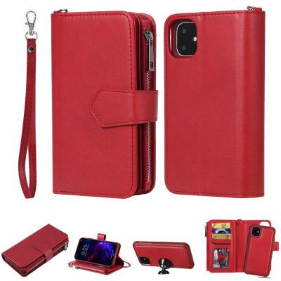 2 in 1 Zippered Leather Wallet Case for iPhone 11, Detachable Phone Cover with Hidden Stand