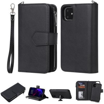 2 in 1 Zippered Leather Wallet Case for iPhone 11, Detachable Phone Cover with Hidden Stand