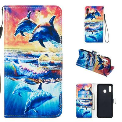 Colored Cat Tiger Owl Dolphin Pattern PU Leather + Soft TPU Card Slots with Stand Wallet Protective Case for Samsung Galaxy A20e