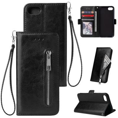 Solid Color Wrist Strap Style Shockproof Side Flip PU Leather + Soft TPU Card Slots Picture Frame with Double Buckles and Stand Zipper Wallet Case for iPhone 7 / 8