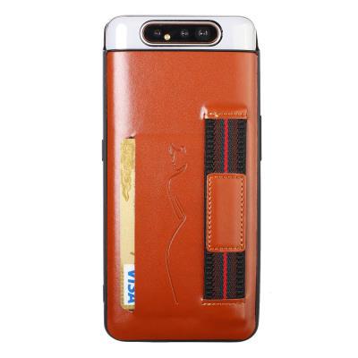 Back Card Slot Phone Case for Samsung Galaxy A80, Leather Coated Soft TPU Phone Cover With Hand Strap