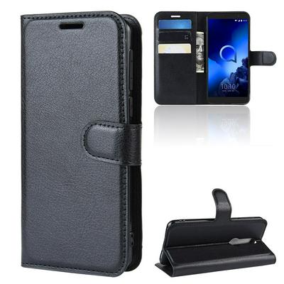 Lichee Pattern Side Flip Wallet Style PU Leather + Soft TPU Card Holder with Stand and Magnetic Buckle Case for Alcatel 1x (2019)