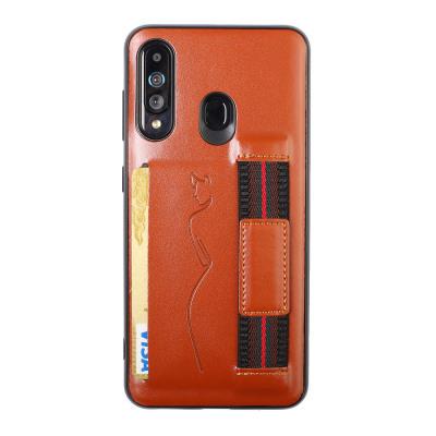 Back Card Slot Phone Case for Samsung Galaxy A60, Leather Coated Soft TPU Phone Cover With Hand Strap