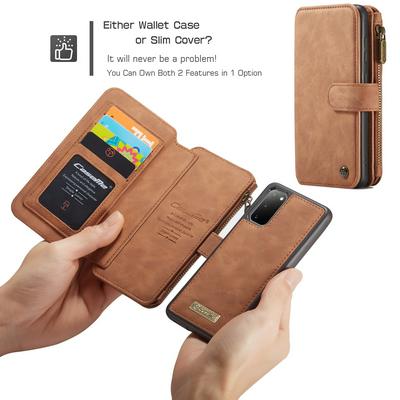 CaseMe 007 Series Multi-Function PU Leather + Detachable Magnetic Wireless Charging Support Leather Coated TPU Back Case 14 Card Slots with Magnetic Buckle and 1 Zipper Wallet Case for Samsung Galaxy S20+