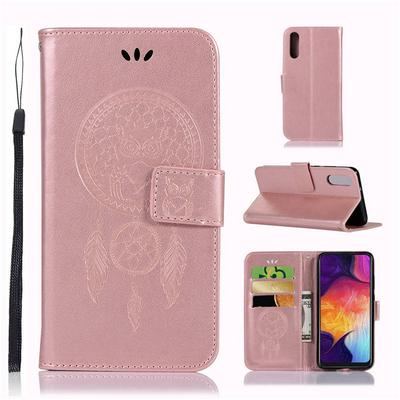 Embossed Dreamcatcher Wrist Strap Style Side Flip PU Leather + Soft TPU Magnetic Buckle with Stand and Card Slots Wallet Protective Case for Samsung Galaxy A50 / A50s