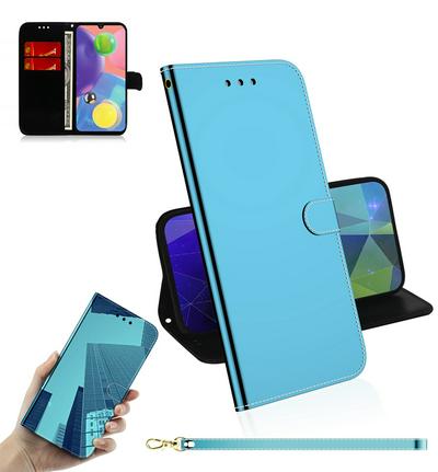 Mirror Surface Imitation Wrist Strap Style Shockproof Side Flip PU Leather + Soft TPU Card Slots with Magnetic Buckle and Stand Wallet Case for Samsung Galaxy A51