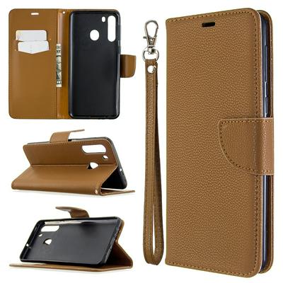 Solid Color Litchi Pattern Wrist Strap Side Flip Shockproof PU Leather + Soft TPU Card Slots with Magnetic Buckle and Stand Wallet Case for Samsung Galaxy A21