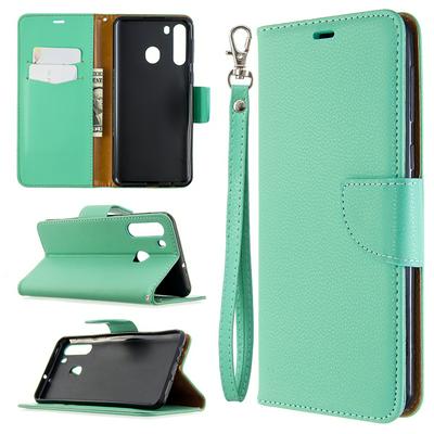 Solid Color Litchi Pattern Wrist Strap Side Flip Shockproof PU Leather + Soft TPU Card Slots with Magnetic Buckle and Stand Wallet Case for Samsung Galaxy A21