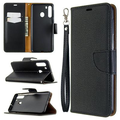 Solid Color Litchi Pattern Wrist Strap Side Flip Shockproof PU Leather + Soft TPU Card Slots with Magnetic Buckle and Stand Wallet Case for Samsung Galaxy A21