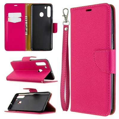 Solid Color Litchi Pattern Wrist Strap Side Flip Shockproof PU Leather + Soft TPU Card Slots with Magnetic Buckle and Stand Wallet Case for Samsung Galaxy A21