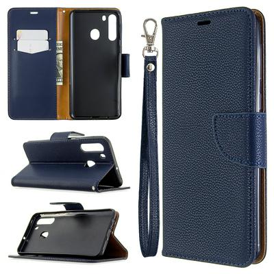 Solid Color Litchi Pattern Wrist Strap Side Flip Shockproof PU Leather + Soft TPU Card Slots with Magnetic Buckle and Stand Wallet Case for Samsung Galaxy A21