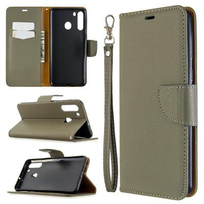 Solid Color Litchi Pattern Wrist Strap Side Flip Shockproof PU Leather + Soft TPU Card Slots with Magnetic Buckle and Stand Wallet Case for Samsung Galaxy A21