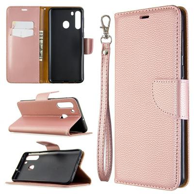 Solid Color Litchi Pattern Wrist Strap Side Flip Shockproof PU Leather + Soft TPU Card Slots with Magnetic Buckle and Stand Wallet Case for Samsung Galaxy A21