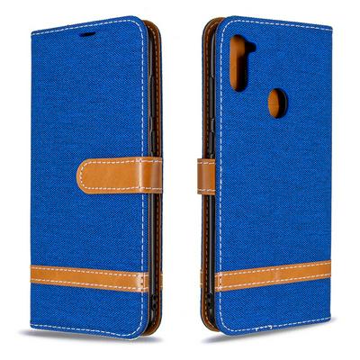 Stitching Color Denim Cloth Wrist Strap Style Shock-Absorption Side Flip PU Leather + Soft TPU Card Slots with Magnetic Buckle and Stand Wallet Case for Samsung Galaxy A11