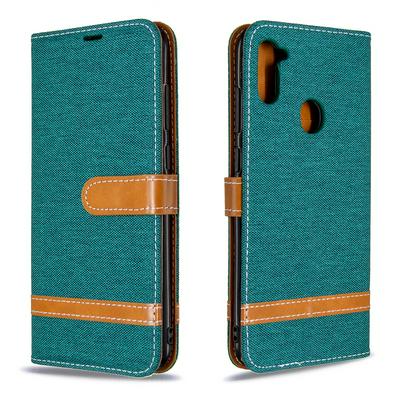 Stitching Color Denim Cloth Wrist Strap Style Shock-Absorption Side Flip PU Leather + Soft TPU Card Slots with Magnetic Buckle and Stand Wallet Case for Samsung Galaxy A11