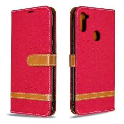 Stitching Color Denim Cloth Wrist Strap Style Shock-Absorption Side Flip PU Leather + Soft TPU Card Slots with Magnetic Buckle and Stand Wallet Case for Samsung Galaxy A11