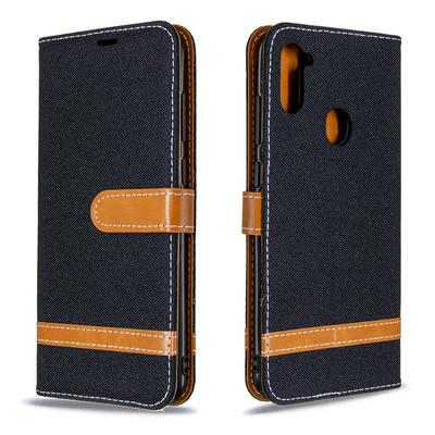 Stitching Color Denim Cloth Wrist Strap Style Shock-Absorption Side Flip PU Leather + Soft TPU Card Slots with Magnetic Buckle and Stand Wallet Case for Samsung Galaxy A11