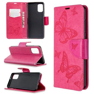 Embossed Two Butterflies Pattern Shock-Absorption Side Flip PU Leather + Soft TPU Wrist Strap Card Slots with Magnetic Buckle and Stand Wallet Case for Samsung Galaxy A41