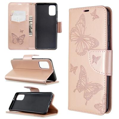 Embossed Two Butterflies Pattern Shock-Absorption Side Flip PU Leather + Soft TPU Wrist Strap Card Slots with Magnetic Buckle and Stand Wallet Case for Samsung Galaxy A41