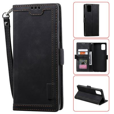 Retro Stitching Color Wrist Strap Style Side Flip Anti-Drop PU Leather + Soft TPU Picture Frame Card Slots with Magnetic Buckle and Stand Wallet Case for Samsung Galaxy A71
