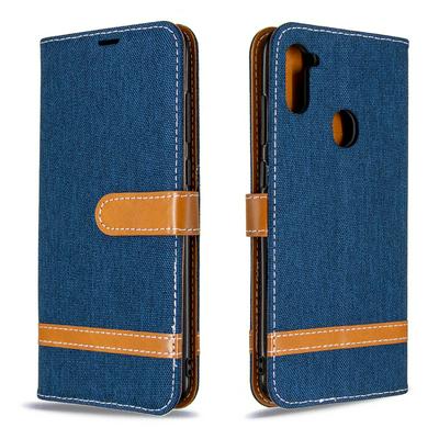 Stitching Color Denim Cloth Wrist Strap Style Shock-Absorption Side Flip PU Leather + Soft TPU Card Slots with Magnetic Buckle and Stand Wallet Case for Samsung Galaxy A11