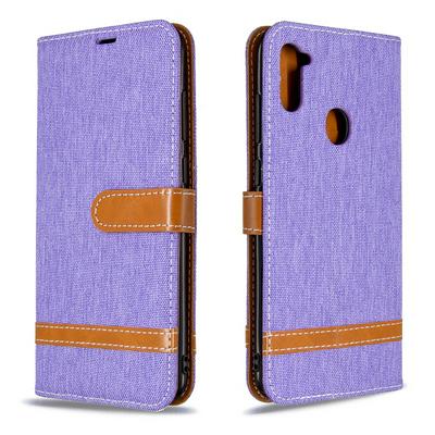 Stitching Color Denim Cloth Wrist Strap Style Shock-Absorption Side Flip PU Leather + Soft TPU Card Slots with Magnetic Buckle and Stand Wallet Case for Samsung Galaxy A11