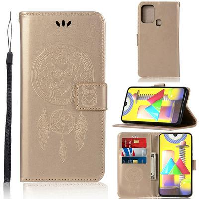 Embossed Dreamcatcher Pattern Wrist Strap Style Shockproof Side Flip PU Leather + Soft TPU Card Slots with Magnetic Buckle and Stand Wallet Case for Samsung Galaxy M31