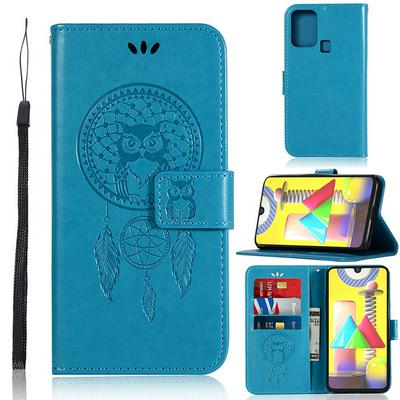 Embossed Dreamcatcher Pattern Wrist Strap Style Shockproof Side Flip PU Leather + Soft TPU Card Slots with Magnetic Buckle and Stand Wallet Case for Samsung Galaxy M31