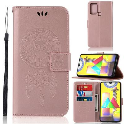 Embossed Dreamcatcher Pattern Wrist Strap Style Shockproof Side Flip PU Leather + Soft TPU Card Slots with Magnetic Buckle and Stand Wallet Case for Samsung Galaxy M31