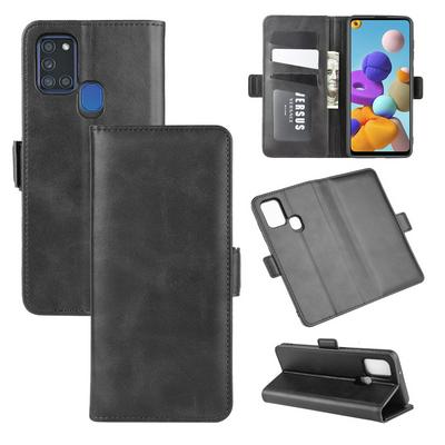 Retro Side Flip Shockproof Anti-Scratch PU Leather + Soft TPU Picture Frame Double Buckles with Stand and Card Slots Wallet Case for Samsung Galaxy A21s