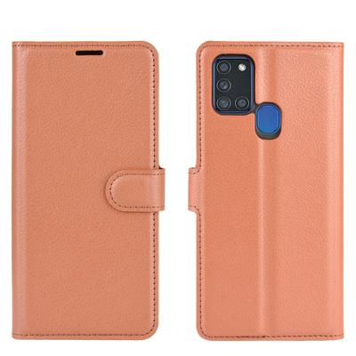 Solid Color Litchi Pattern Shock-Absorption Side Flip PU Leather + Soft TPU Card Slots with Magnetic Buckle and Stand Wallet Case for Samsung Galaxy A21s