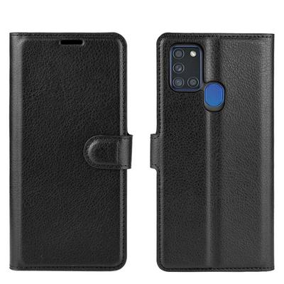 Solid Color Litchi Pattern Shock-Absorption Side Flip PU Leather + Soft TPU Card Slots with Magnetic Buckle and Stand Wallet Case for Samsung Galaxy A21s