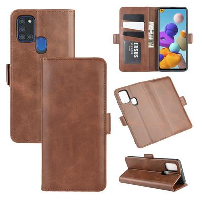 Retro Side Flip Shockproof Anti-Scratch PU Leather + Soft TPU Picture Frame Double Buckles with Stand and Card Slots Wallet Case for Samsung Galaxy A21s