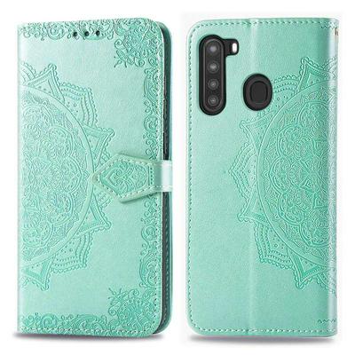 Relief Mandala Pattern Three Card Slots Series Side Flip PU Leather + Soft TPU with Magnetic Buckle and Stand Wallet Case for Samsung Galaxy A21 US Version