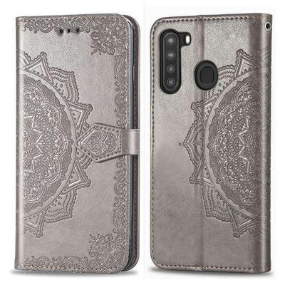 Relief Mandala Pattern Three Card Slots Series Side Flip PU Leather + Soft TPU with Magnetic Buckle and Stand Wallet Case for Samsung Galaxy A21 US Version
